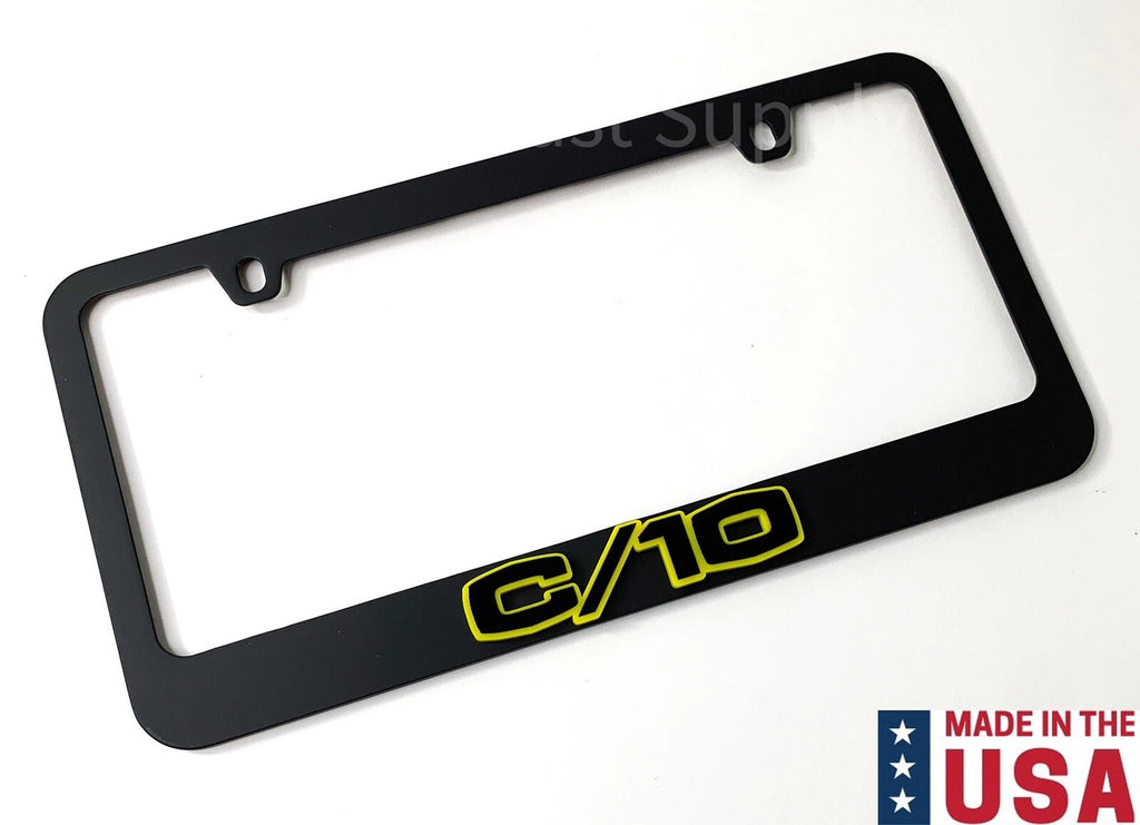 Matte Black Premium License Plate Frame w Yellow Outline for Chevy C10 (1968–1972)