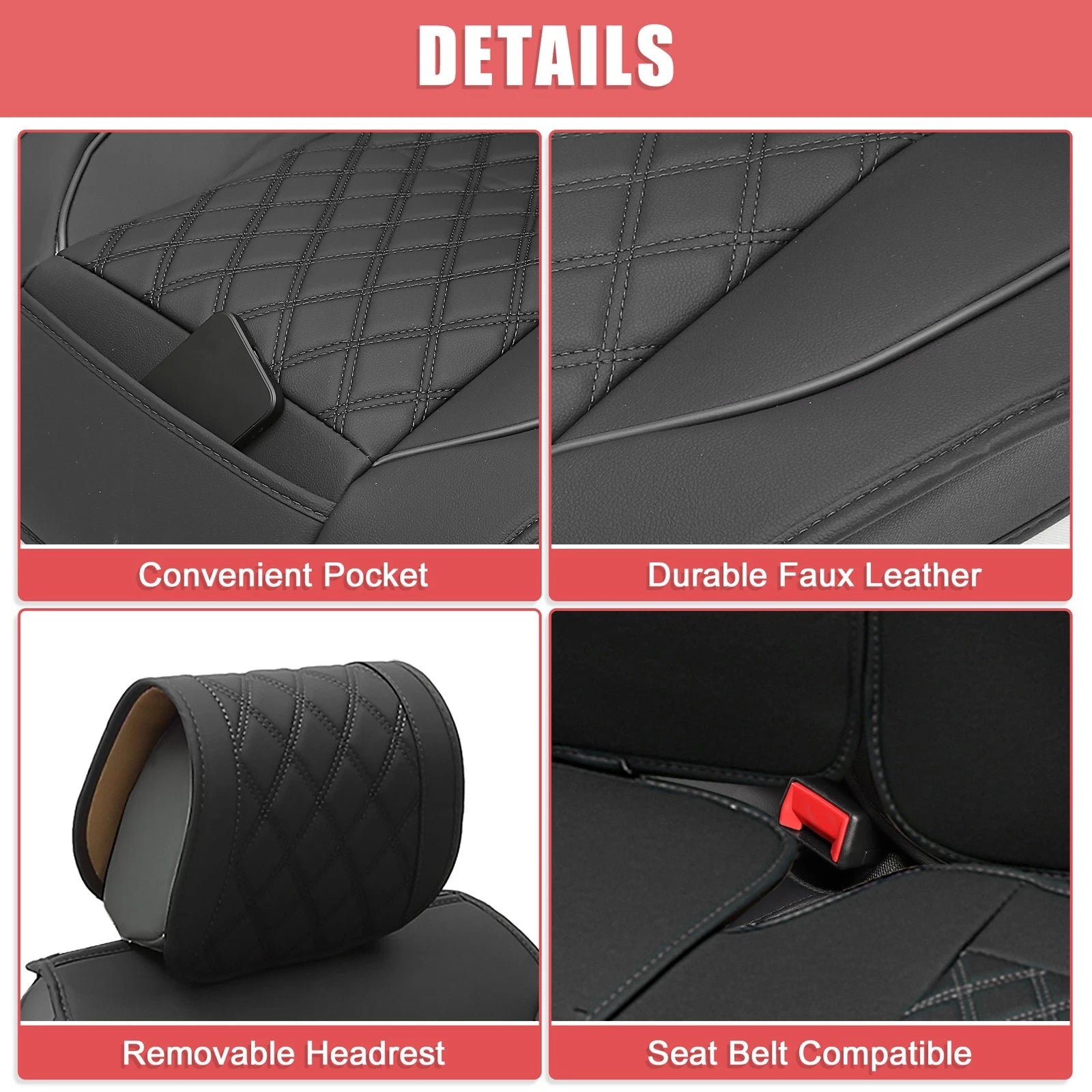Set of 5 Front Rear Seat Covers Pads for Dodge Ram 1500 (2009–2023) Black Red