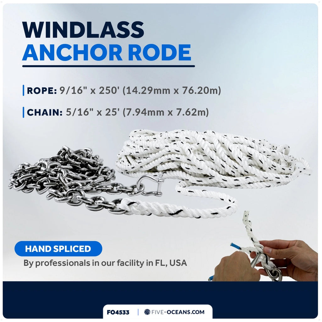 Windlass Anchor Rode 9/16"x250' Rope & 5/16"x25' G4 Chain for Boats