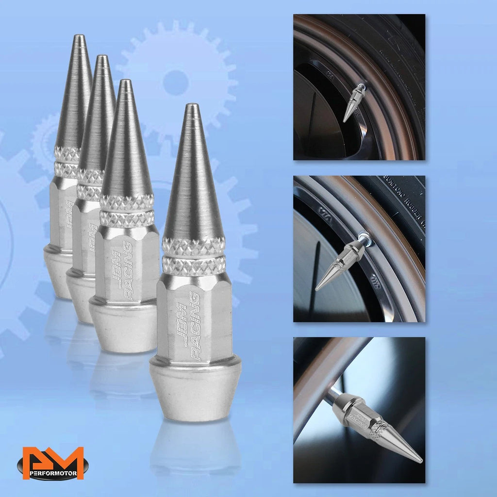 Set of 4 Silver Aluminum Spiked Tire Valve Stem Caps for Universal Fit