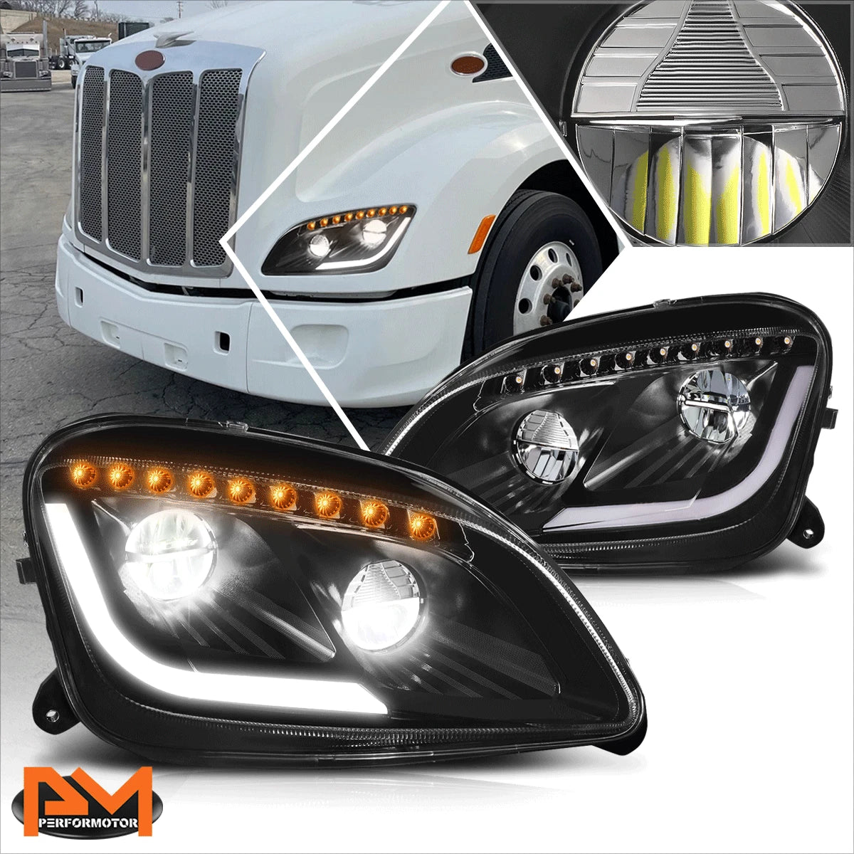 Full LED DRL + Sequential Turn Signal Headlights for Peterbilt 579 587 (2011–2021)