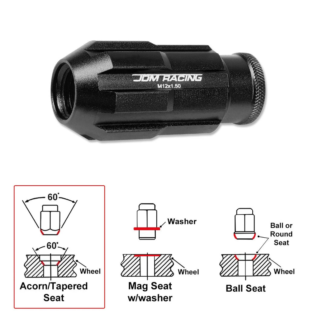 20Pc M12X1.5 Black JDM Open End Bulge Spline Wheel Lug Nuts + Lock Key
