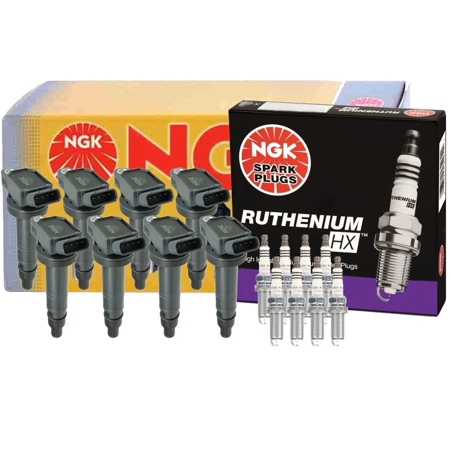 Set of 8 NGK COP Ignition Coils & Ruthenium HX Spark Plugs for Lexus IS F (2008–2014)