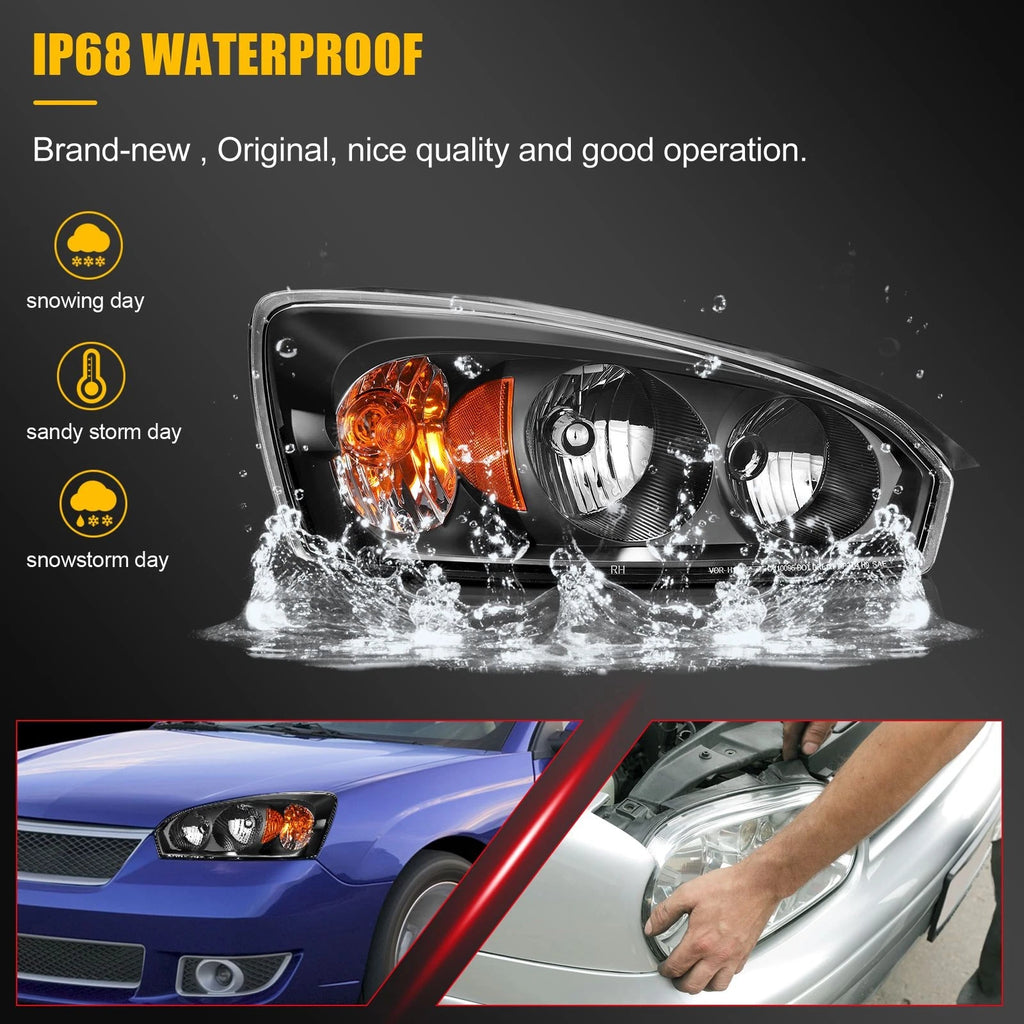 2X Headlight Assembly for Chevrolet Malibu (2004–2008) Black Amber