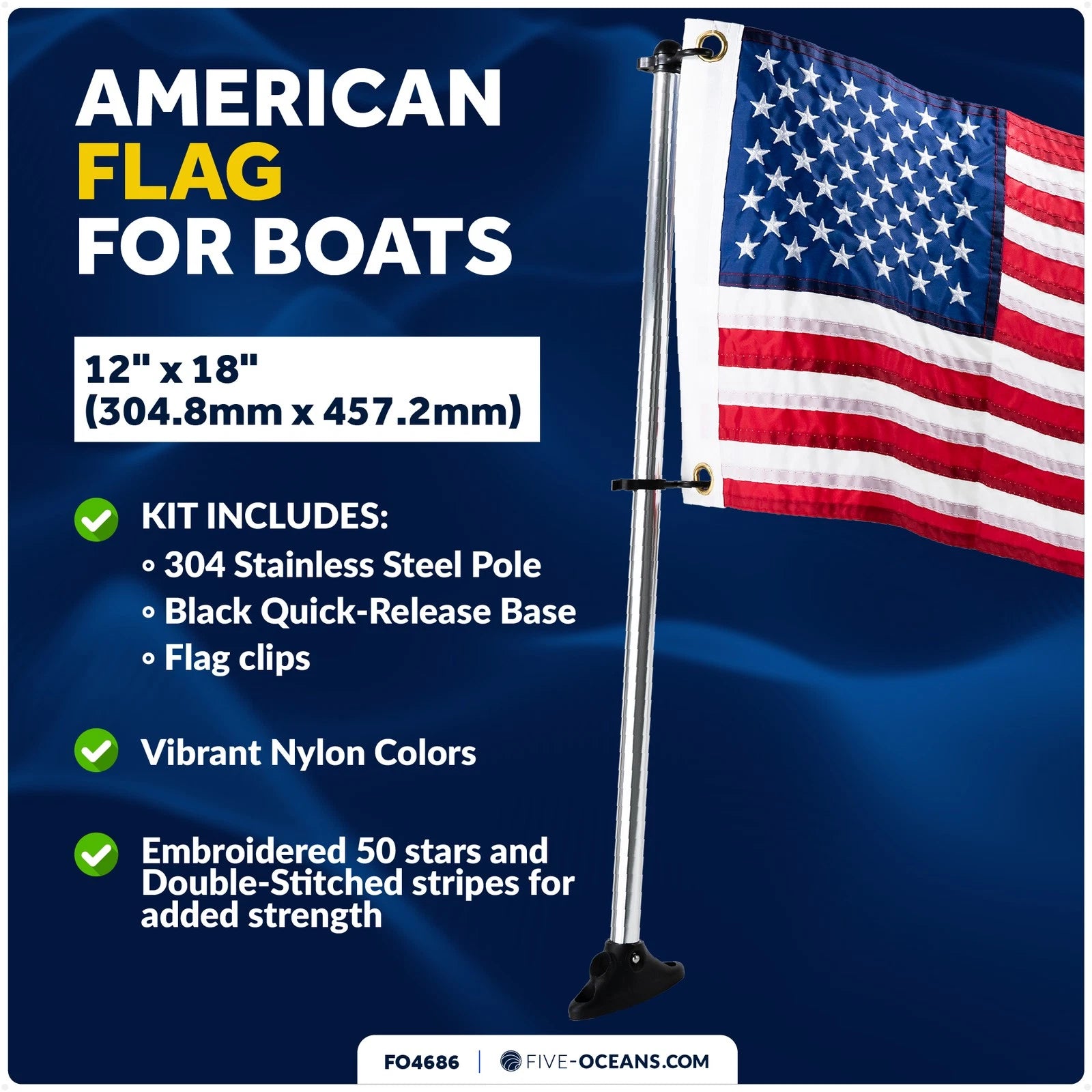 Pontoon Flag Pole Socket with US Flag for Boats (12" x 18")