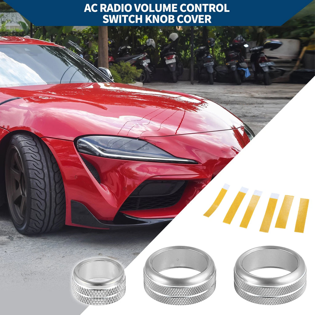Set of 3 AC Radio Switch Knob Cover Rings for Toyota Supra (2018–2022) Silver Tone