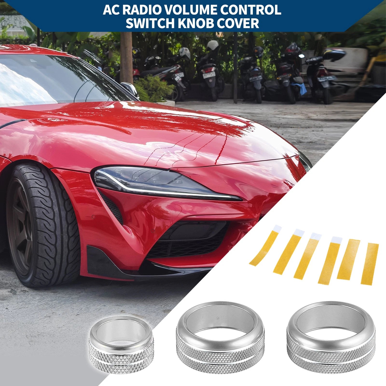 Set of 3 AC Radio Switch Knob Cover Rings for Toyota Supra (2018–2022) Silver Tone