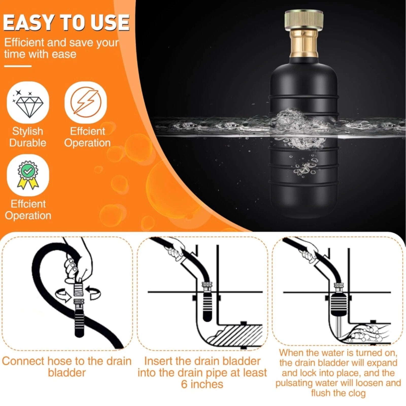 Drain Cleaning Bladder for Clogged Sewer Pipe Snake Garden Hose Tool