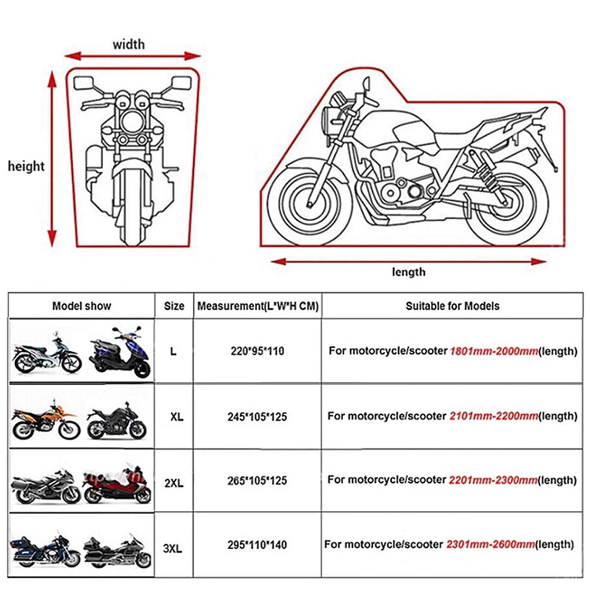 3XL Waterproof Motorcycle Cover for Bikes (116×43×55in)