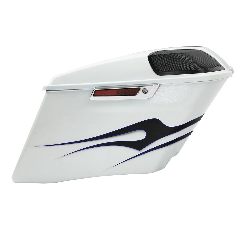 4" Saddlebag for Harley Touring (2014–Present) White Amethyst Black Licorice Flames