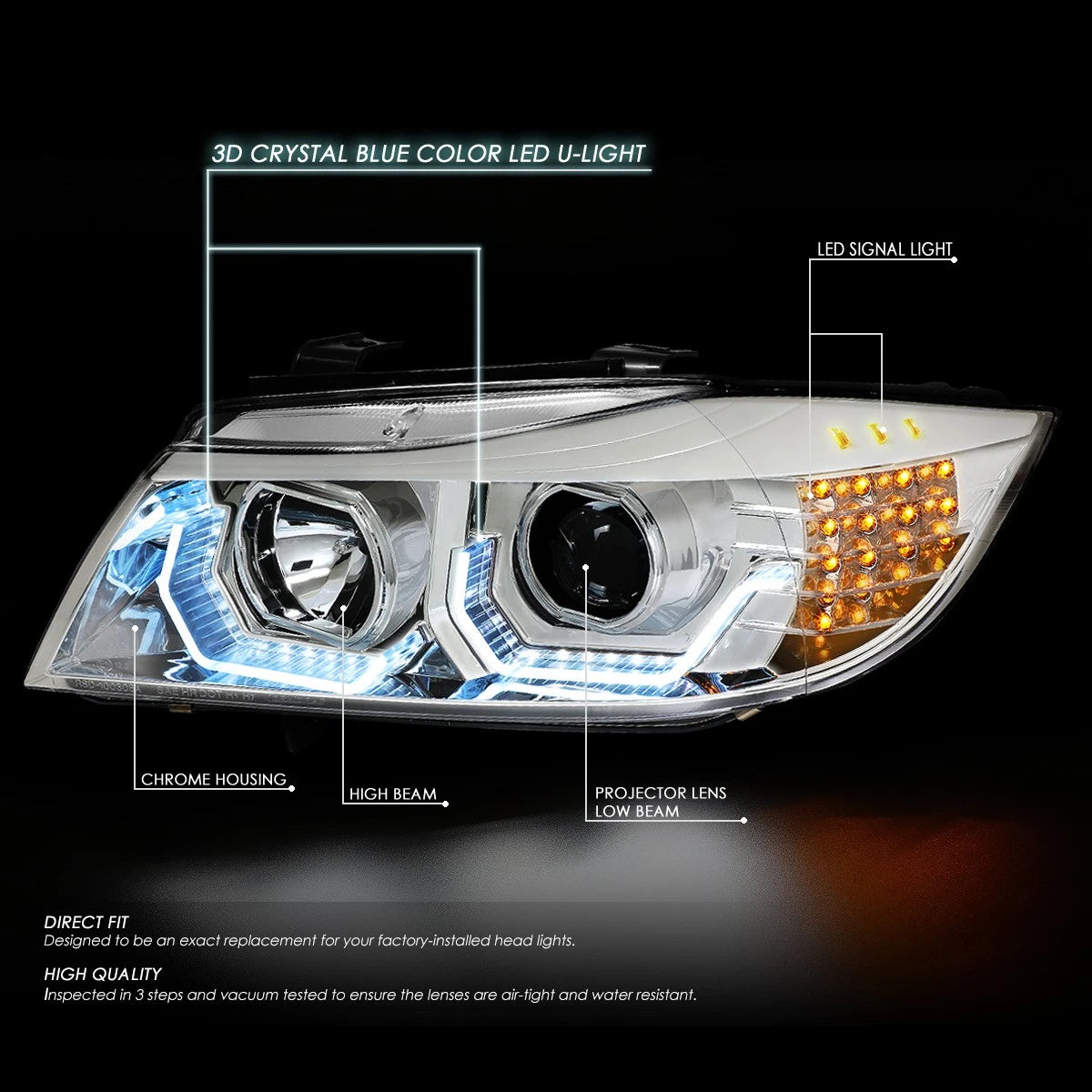 3D Crystal LED U-Halo Projector Headlights for BMW E90 (2009–2012)