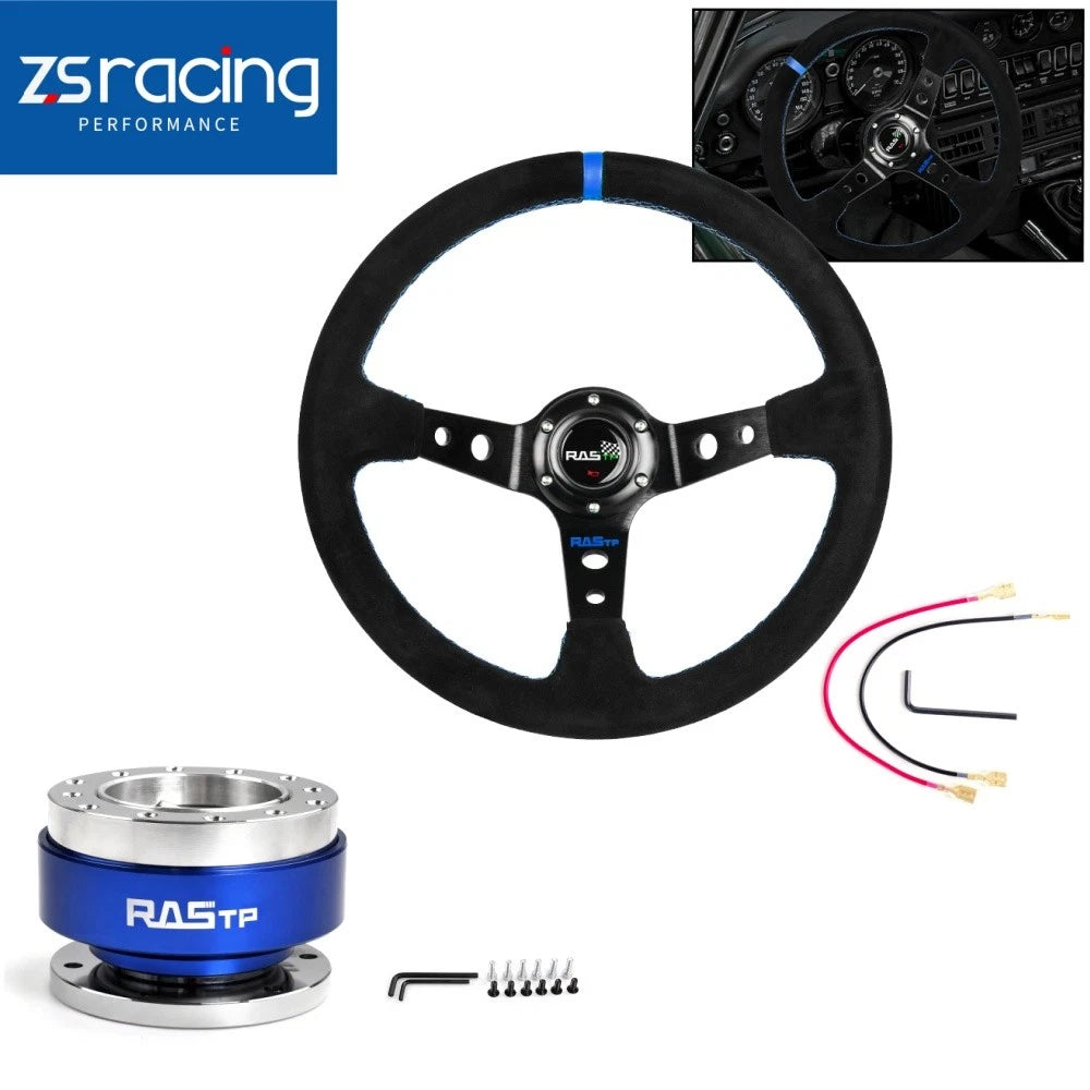 14" Suede Leather Deep Dish Steering Wheel + Quick Release Kit for Universal