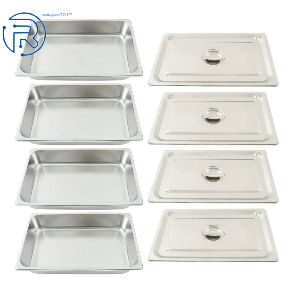 Set of 4 Stainless Steel Steam Hotel Pans with Lids Full Size 3.7" Deep