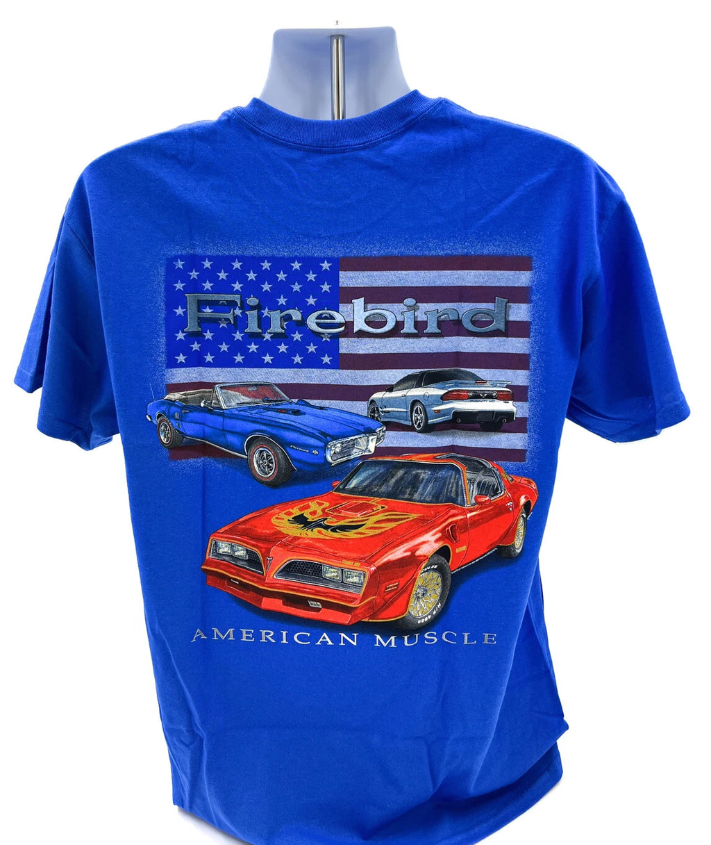 Pontiac Firebird T Shirt Blue American Muscle Flag for Pontiac Firebird (1969–2002)