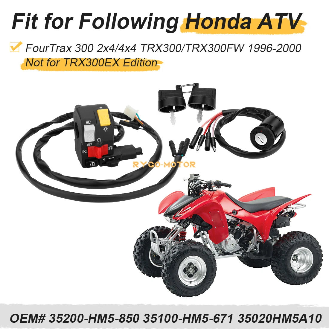 Handlebar & Key Switch for Honda FourTrax 300 TRX300/TRX300FW (1996–2000)