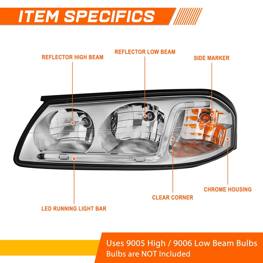 LED DRL Chrome Housing Clear Corner Headlight for Chevy Impala (2000–2005)