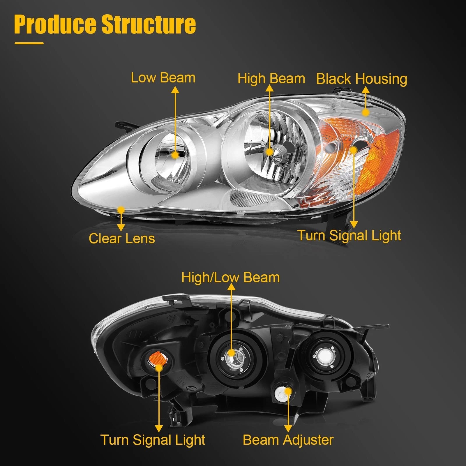 Headlight Assembly for Toyota Corolla (2003–2008) Left + Right