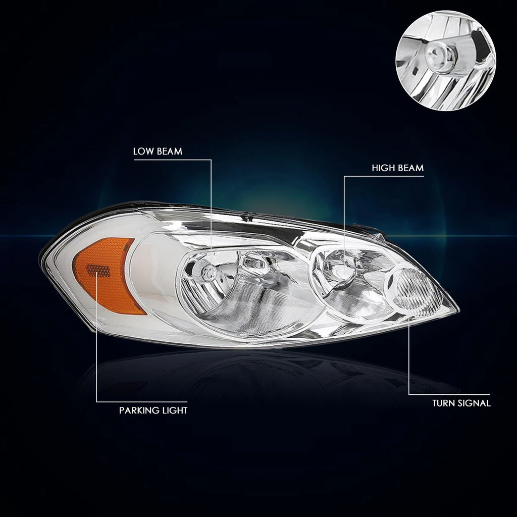 Chrome Housing Amber Corner Signal Headlight Lamps Pair for Chevy Impala (2006–2016)