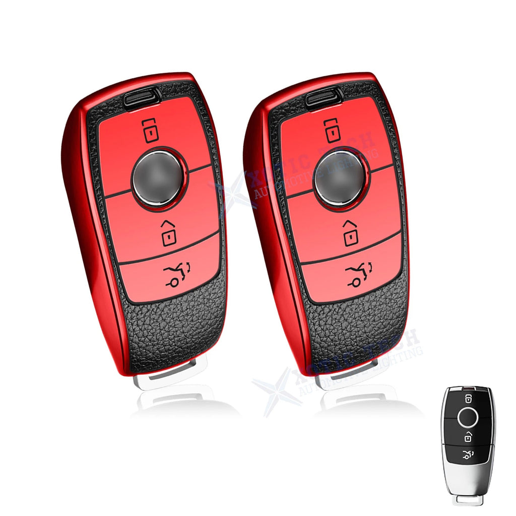 2x Red TPU Leather 3-Button Remote Key Fob for Mercedes E & S Class (2010–2015)