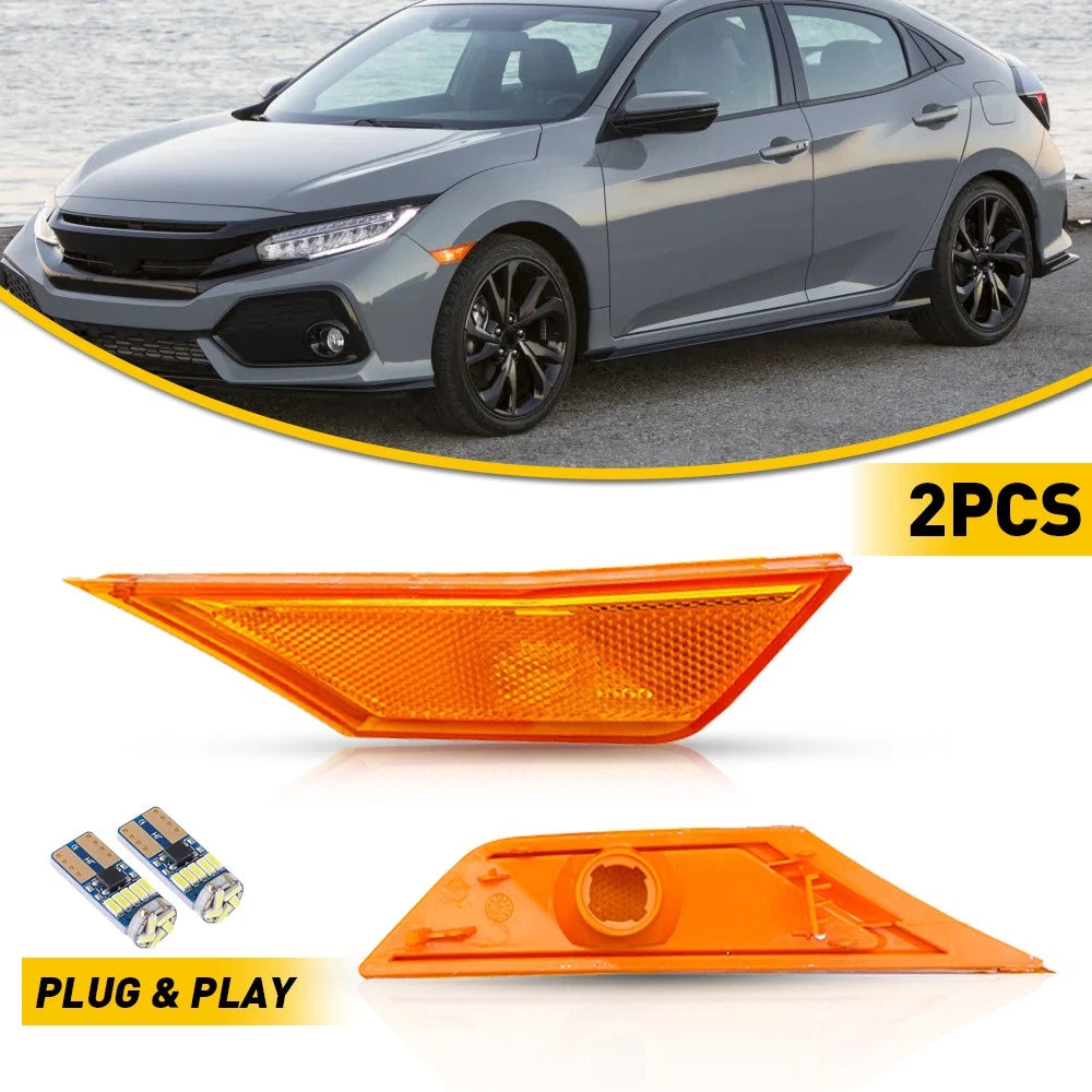 2X Front Fender Side Marker Light for Honda Civic (2016–2021) w/ LED Bulbs