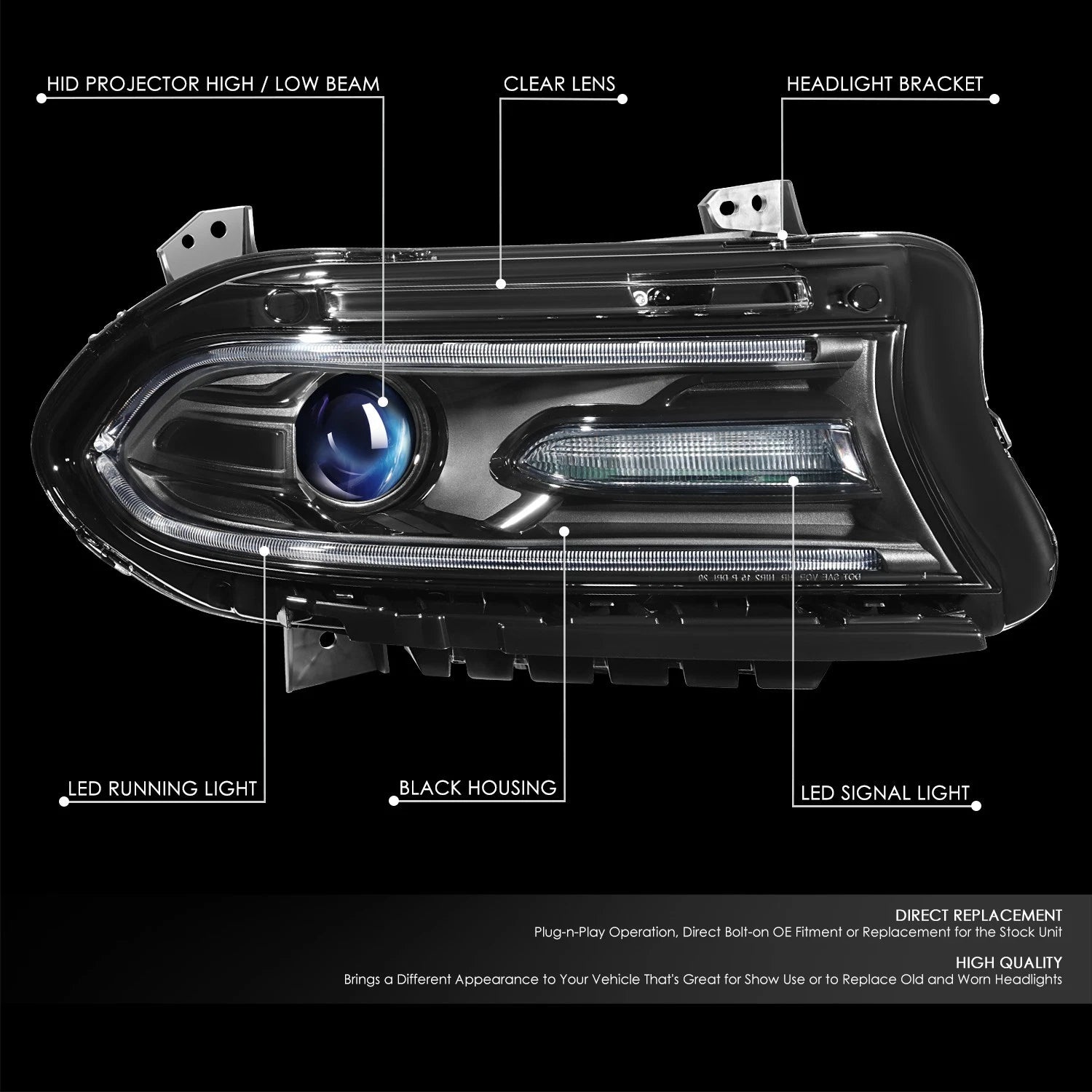 HID Projector Headlight for Dodge Charger (2015–2022) Right Black/Clear