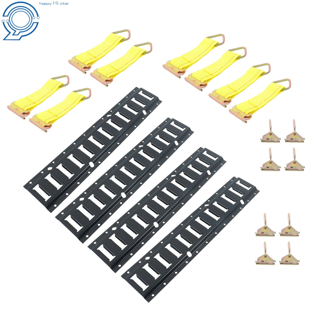 Set of 4 E Track Tie Down Rails with Steel O-Ring Anchors & Rope Tie Offs