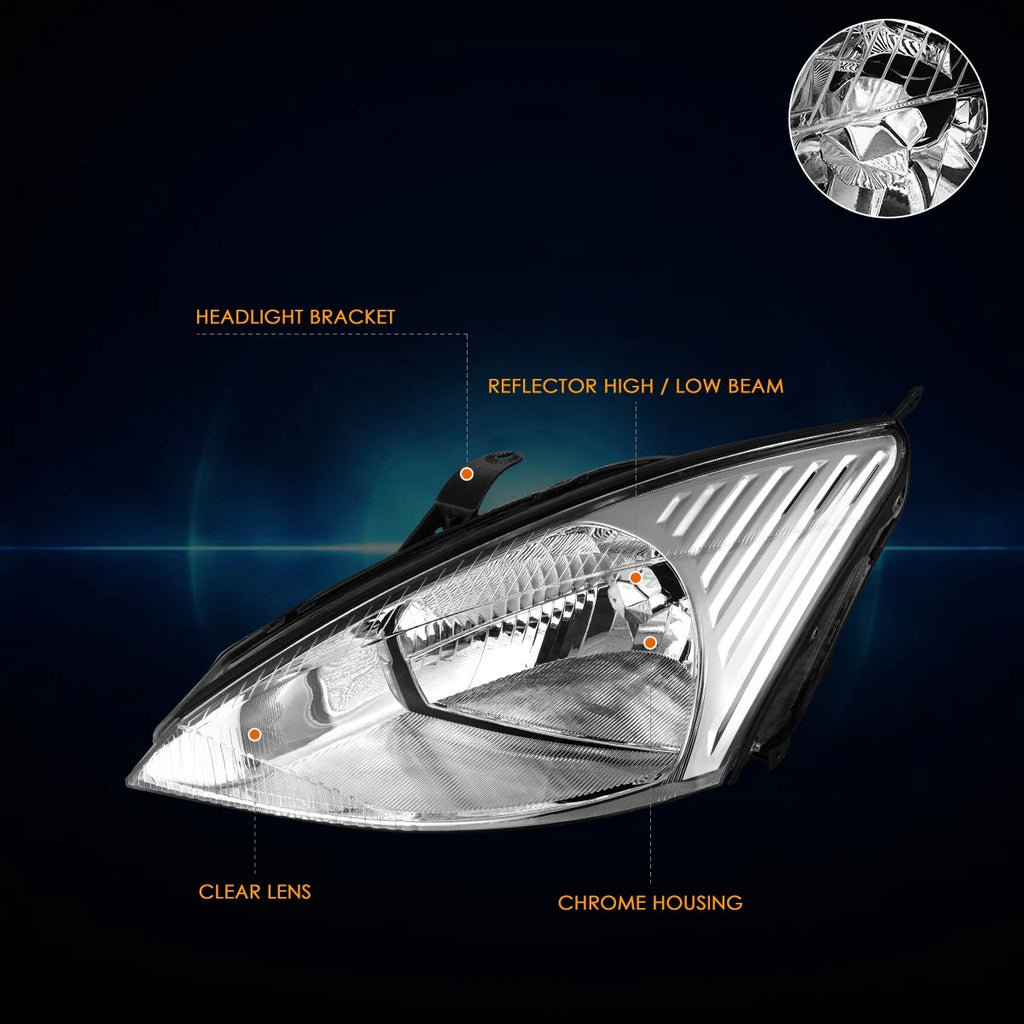 Left Driver Side Headlight Lamp for Ford Focus (2000–2002) Chrome Housing