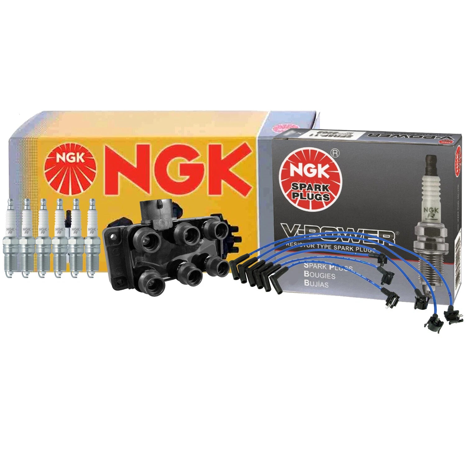 Set of 6 NGK DIS Ignition Coil Wires & V-Power Spark Plugs for Ford 4.0 V6