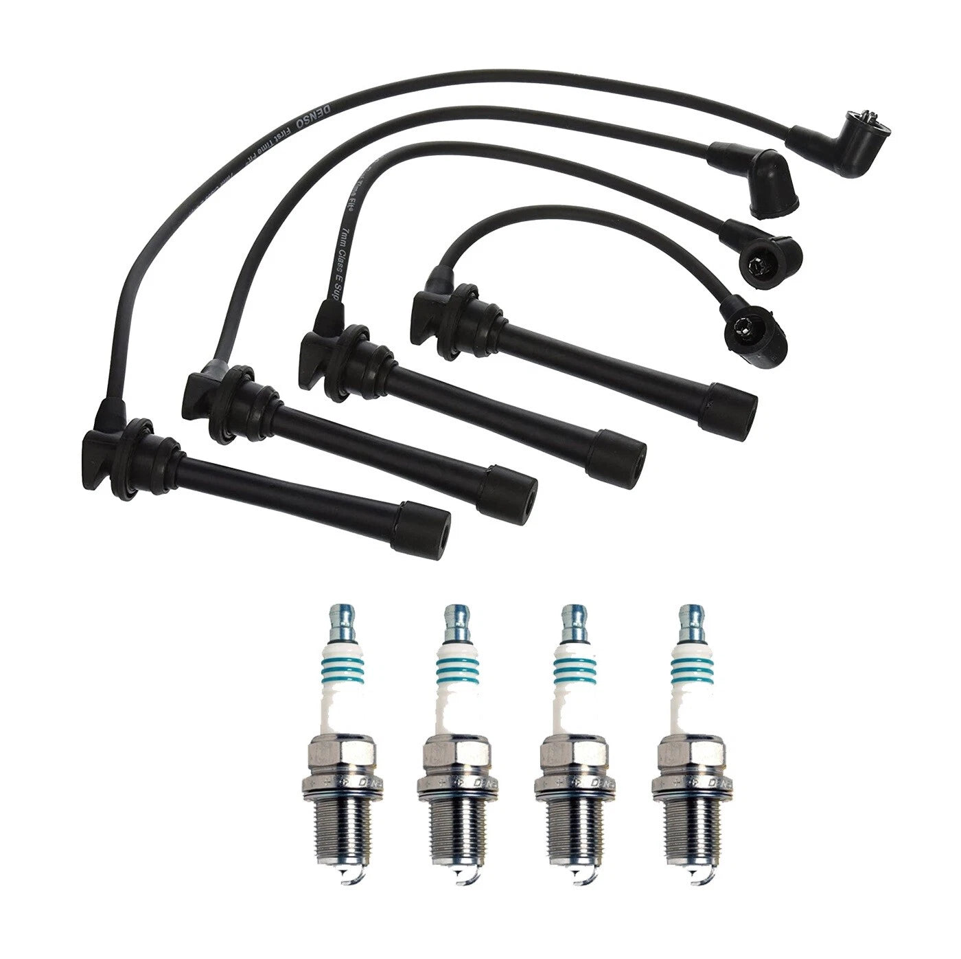 Denso 7mm Wire Set & 4 Iridium Power Spark Plugs for Kia Spectra (2000–2009)
