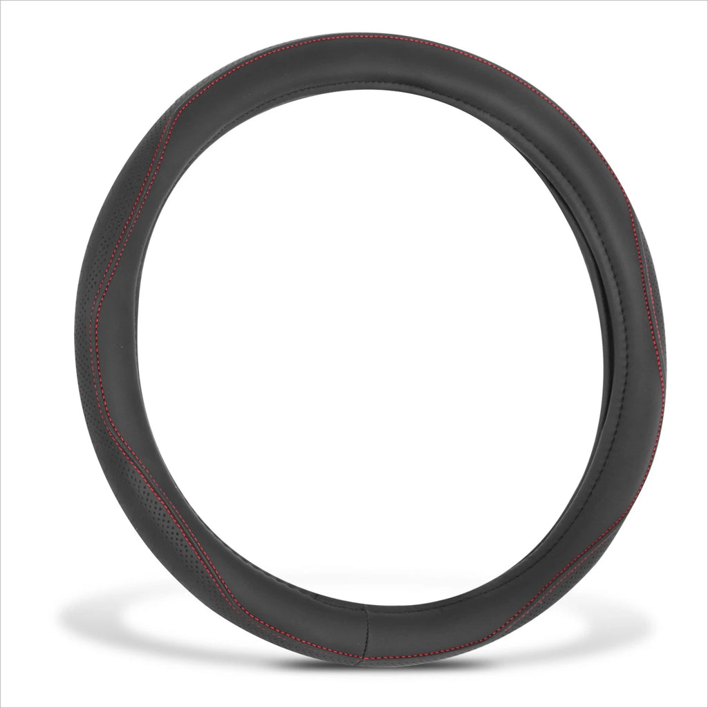 Steering Wheel Cover for Universal Fit (14.5-15") - Perforated Leather, Red Stitch