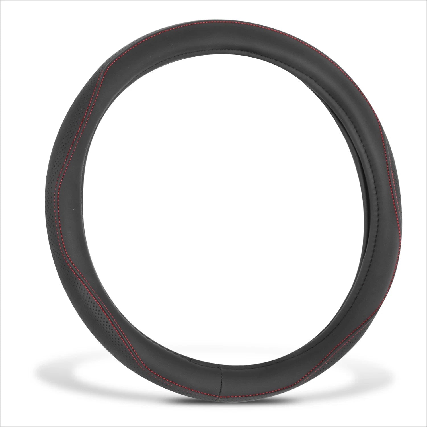 Steering Wheel Cover for Universal Fit (14.5-15") - Perforated Leather, Red Stitch