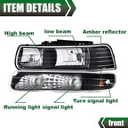 Set of 2 Black Clear Headlights and Fog Lights for Chevy Silverado/Suburban