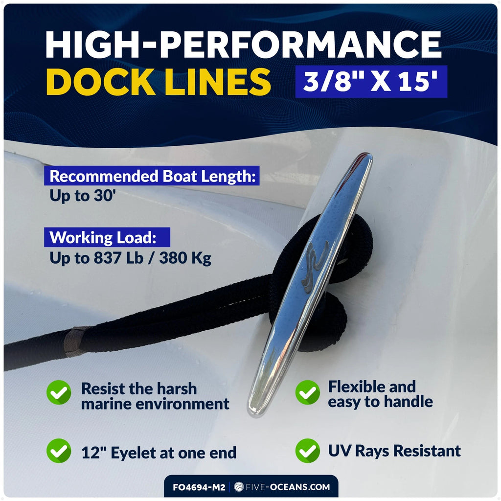 Set of 8 Boat Dock Lines 3/8" x 15' with 12" Eyelet Black Nylon