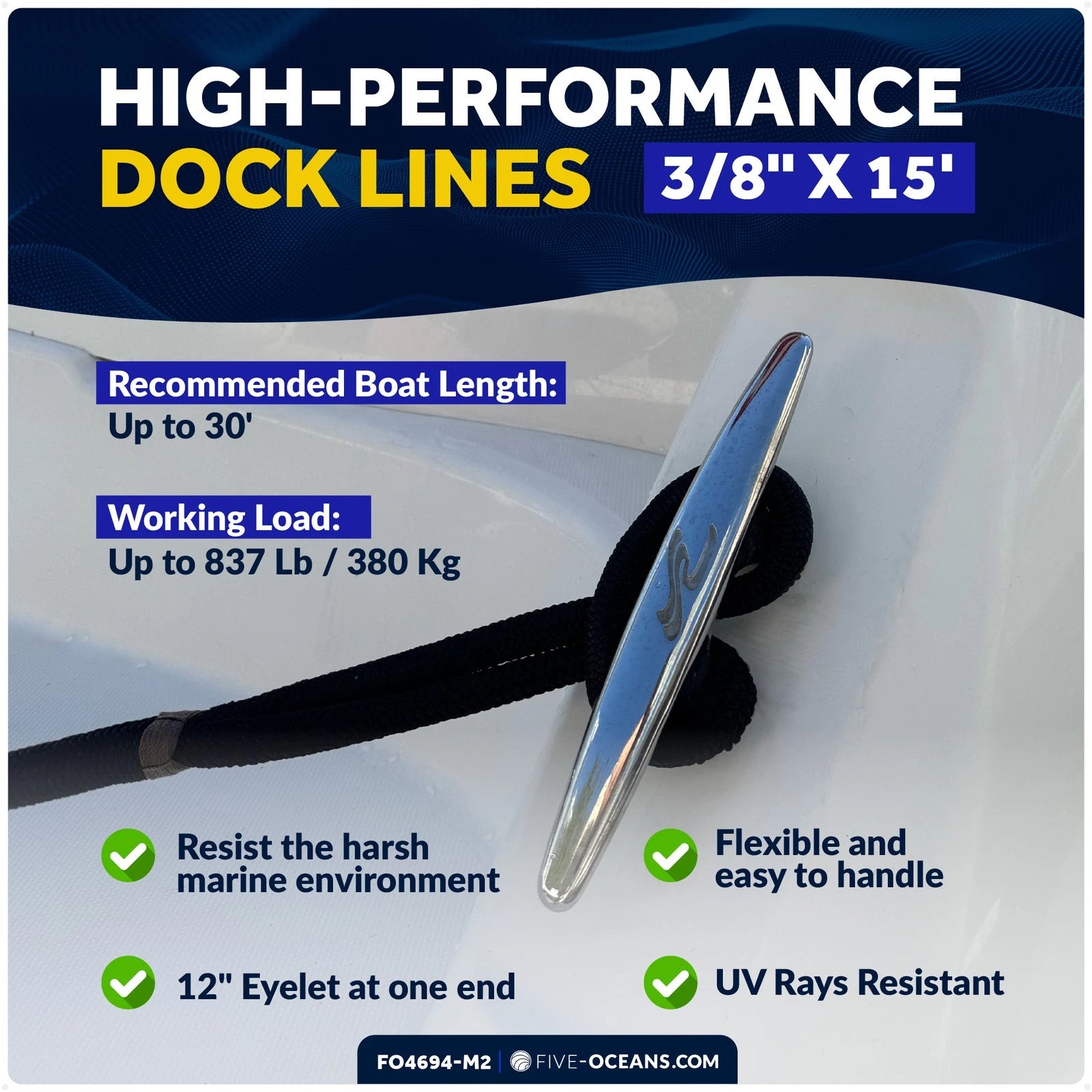 Set of 8 Boat Dock Lines 3/8" x 15' with 12" Eyelet Black Nylon