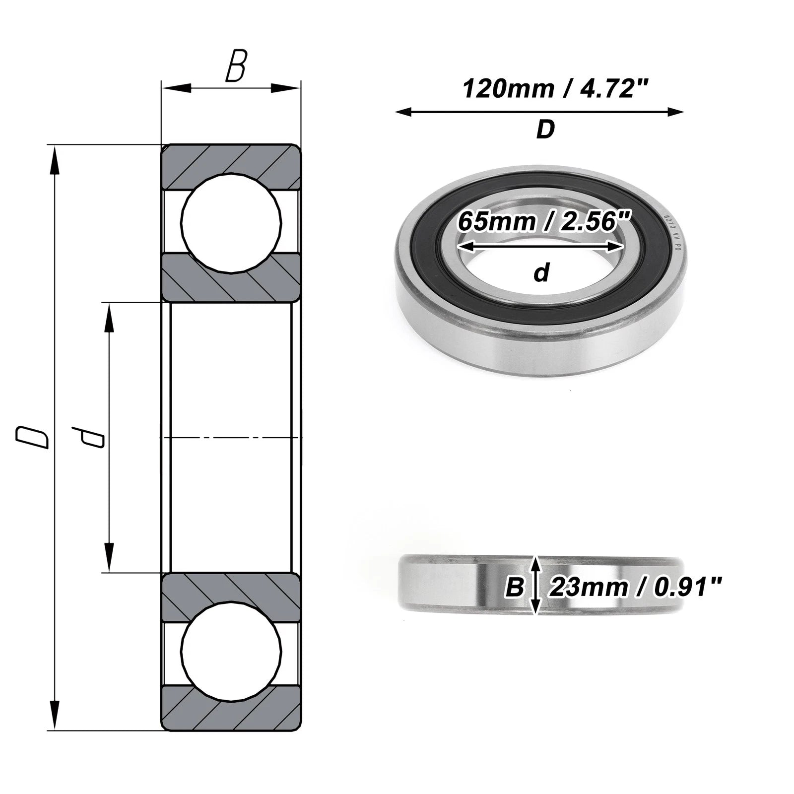Deep Groove Ball Bearing 6213VV for Scooter Skateboard Wheel (P0 65x120x23mm)