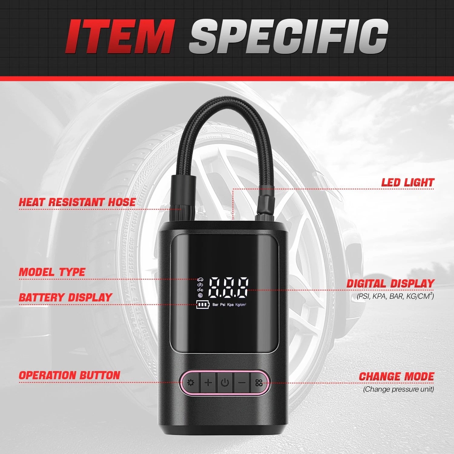 Cordless Air Pump for Car Tire (150 PSI, 4000mAh Battery)
