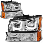 Chrome Amber J-Halo LED DRL Headlights w/ Bumper Lamps for Chevy Silverado (2003–2007)
