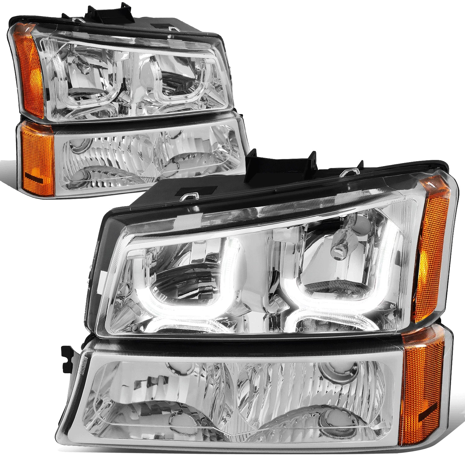 Chrome Amber J-Halo LED DRL Headlights w/ Bumper Lamps for Chevy Silverado (2003–2007)
