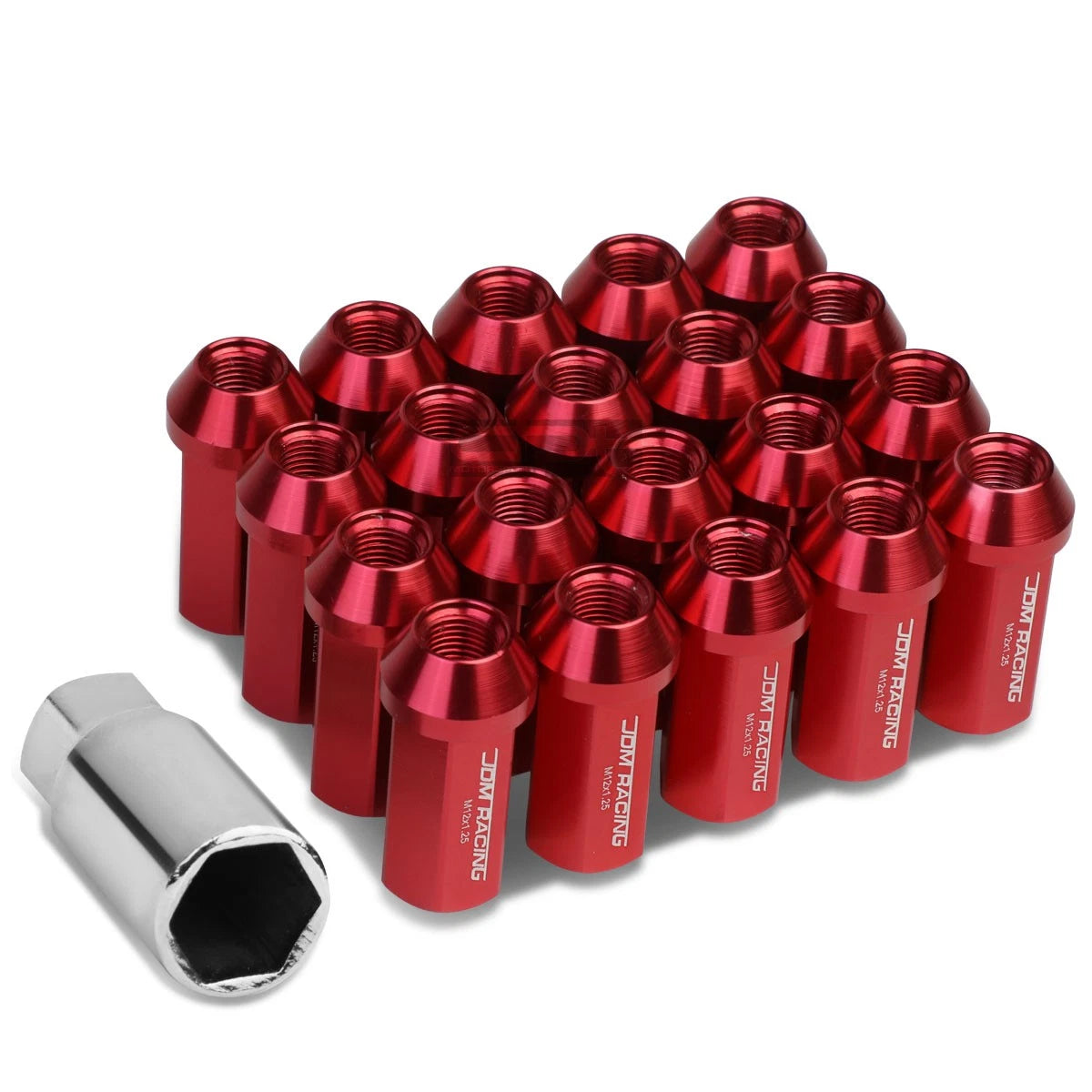 20 PCS Closed End M12x1.25 50mm Tall Red Aluminum Lug Nuts + Adapter