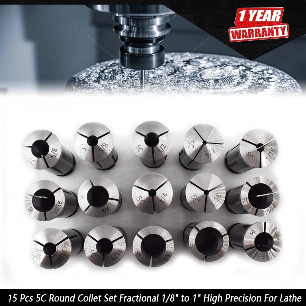 15 Pc Round Collet Set for Lathe (1/8" - 1")