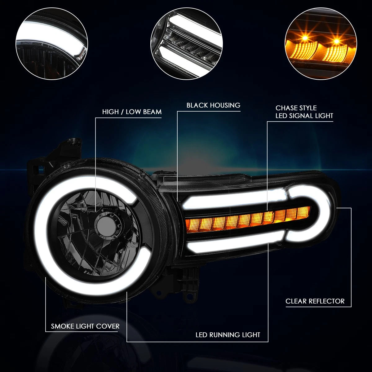 LED DRL Headlight for FJ Cruiser (2007–2014) w/ Chasing Turn Signal Lamp
