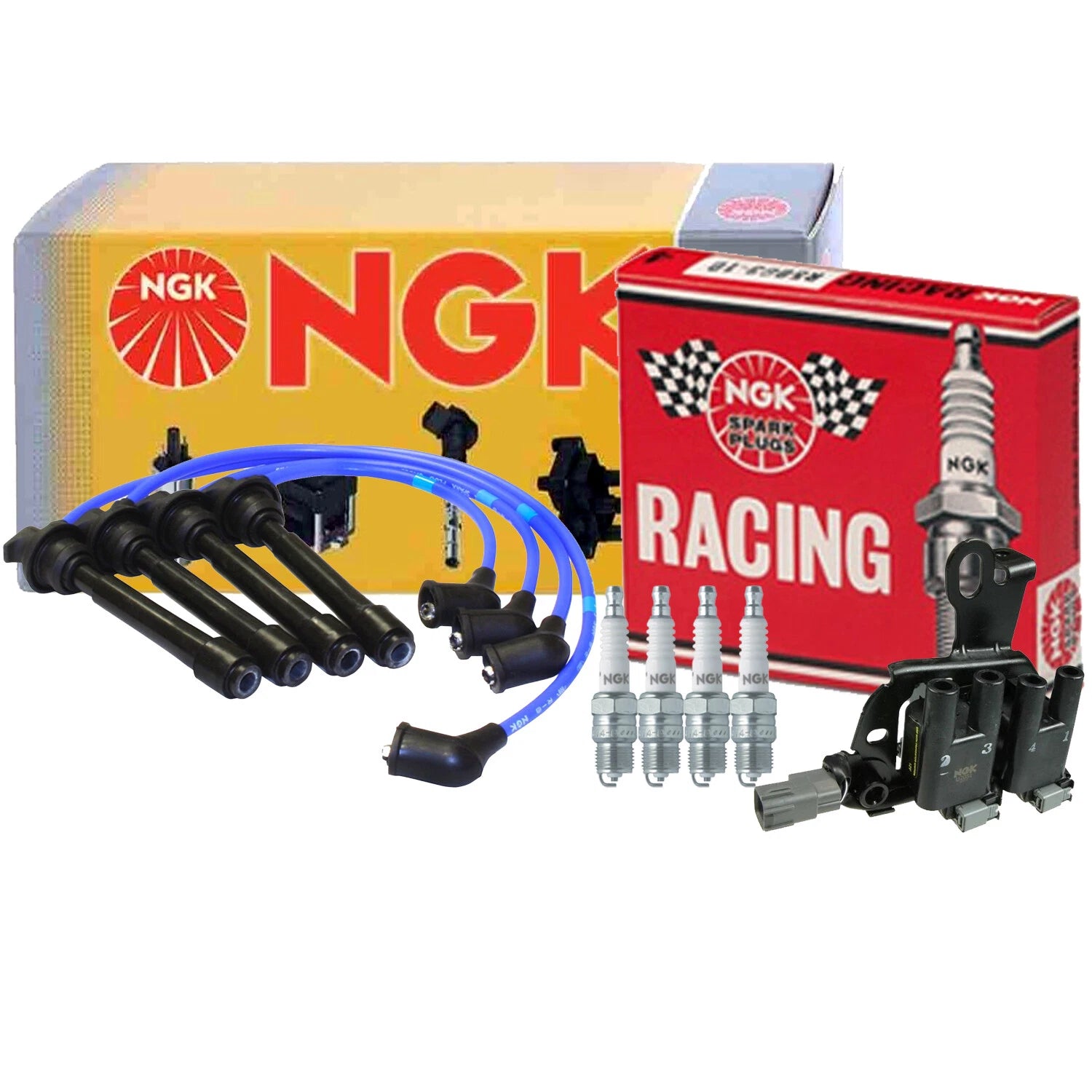 NGK DIS Ignition Coil Wires & 4 Racing Spark Plugs Kit for Hyundai Kia (2.0 L4)