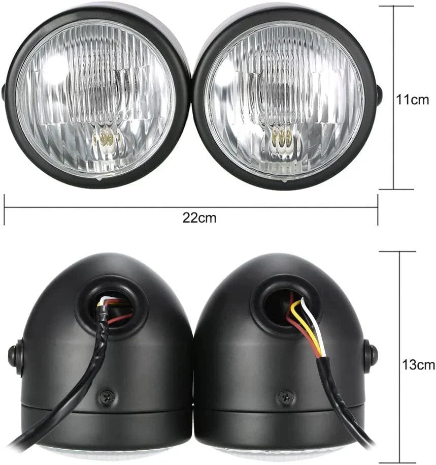 Black Twin Headlight Dual Lamp for Motorcycle Street Fighter Universal