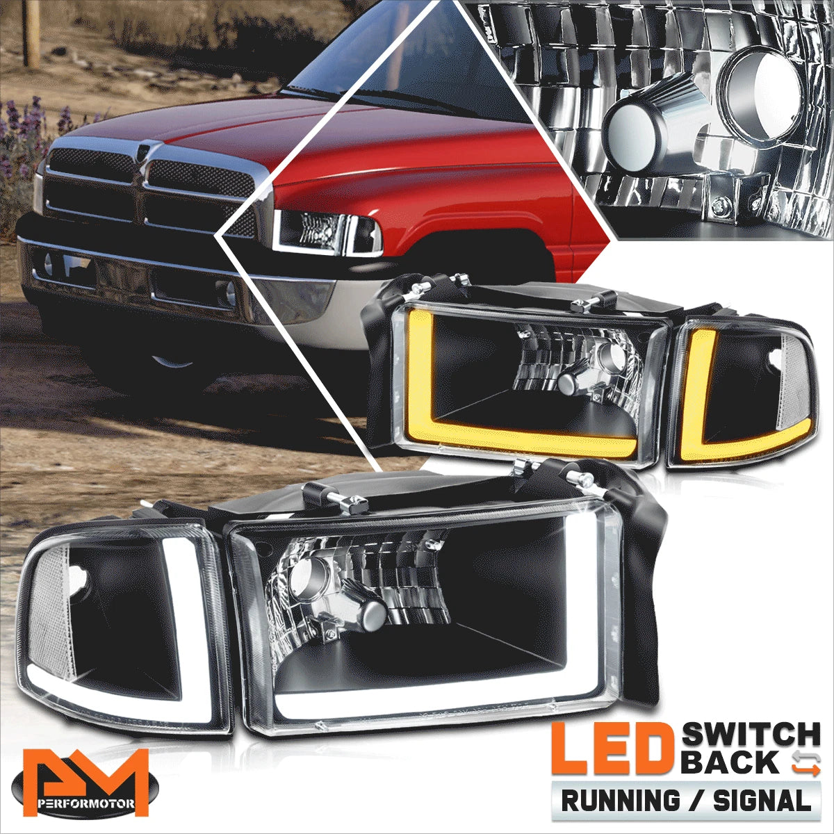 Switchback Dual L-LED DRL Headlights for Dodge Ram 1500-3500 (1994–2002)