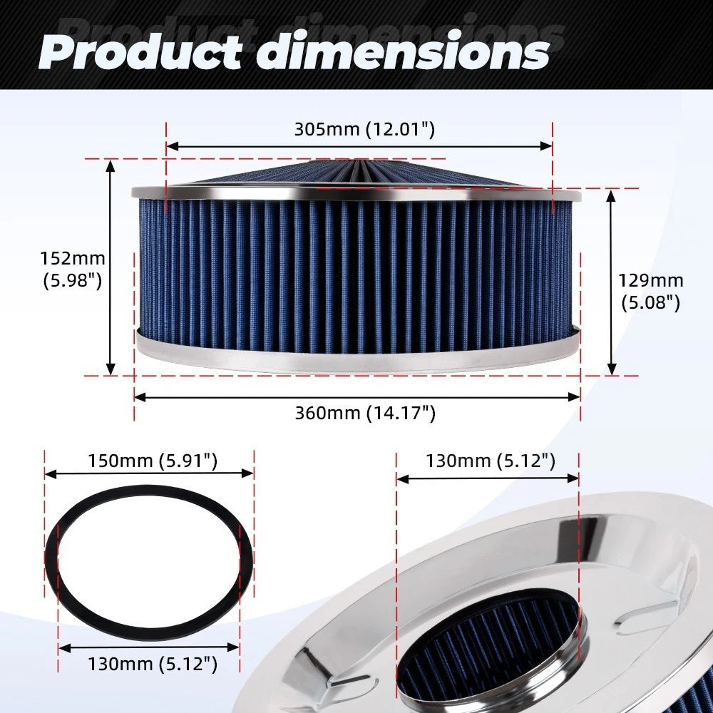 14" Blue Round Deep Dish Air Cleaner Kit for Automotive (Washable Filter, Chrome Lid)