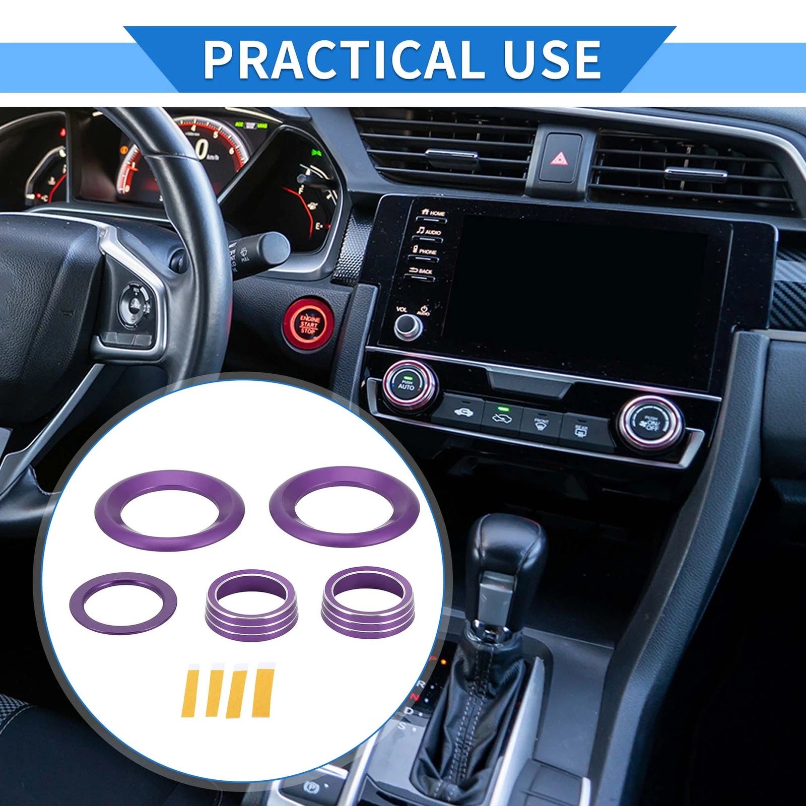 5X AC Engine Start Speaker Knob Cover Ring for Honda Civic (2016–2021) Purple