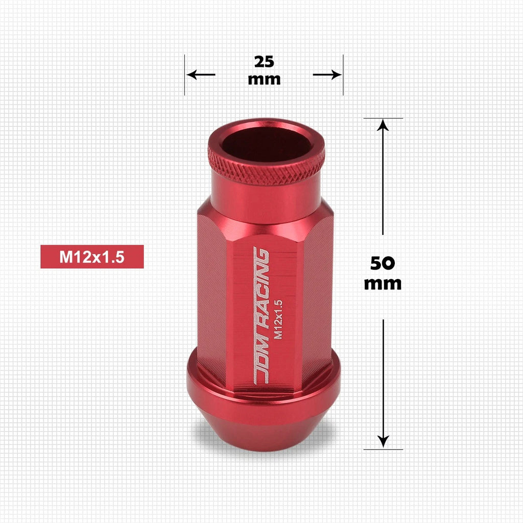 Set of 20 M12X1.5 Red JDM Open-End Acorn Hex Wheel Lug Nuts + 25mm Extension