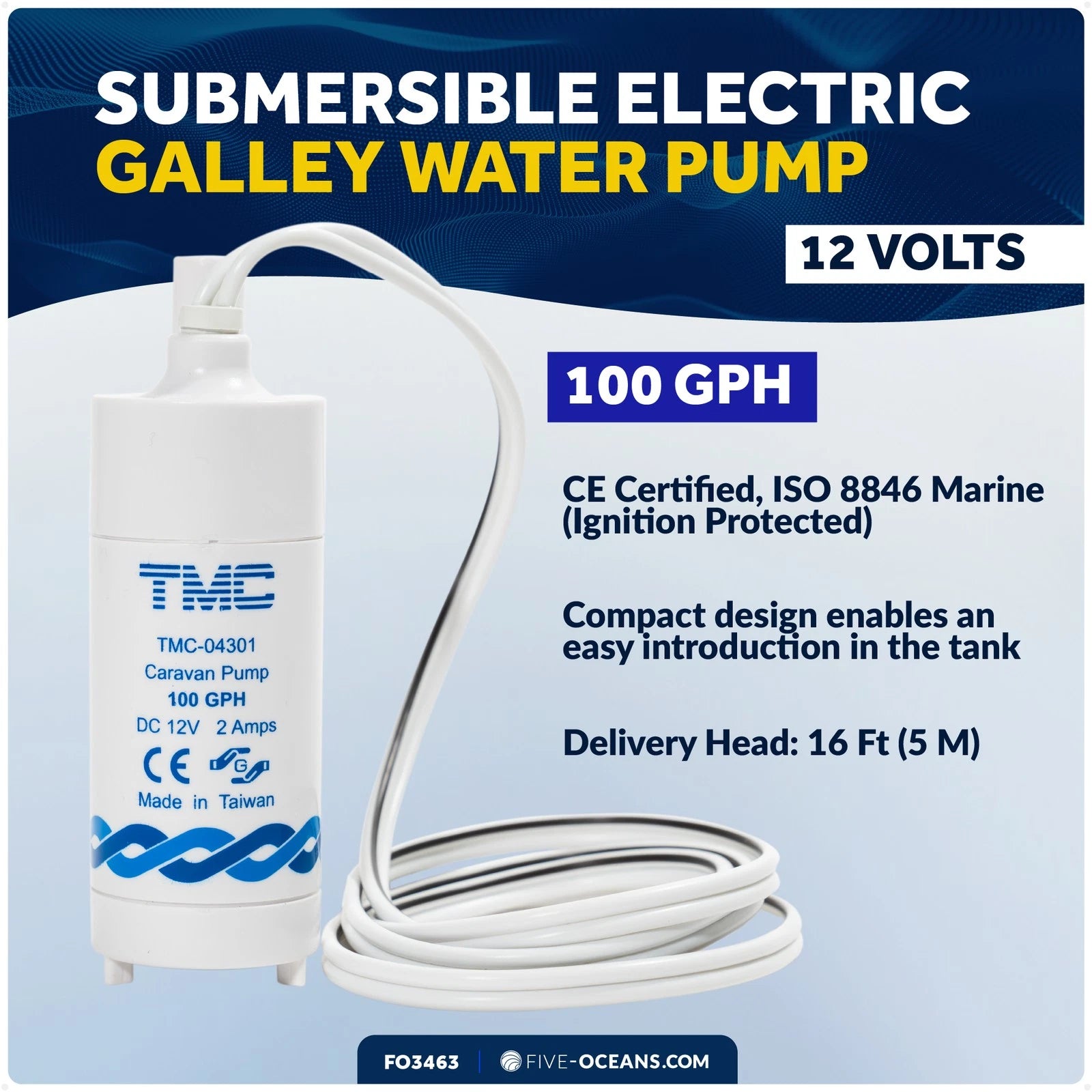 TMC 100 GPH Submersible Electric Galley Water Pump for Boat RV (12V)