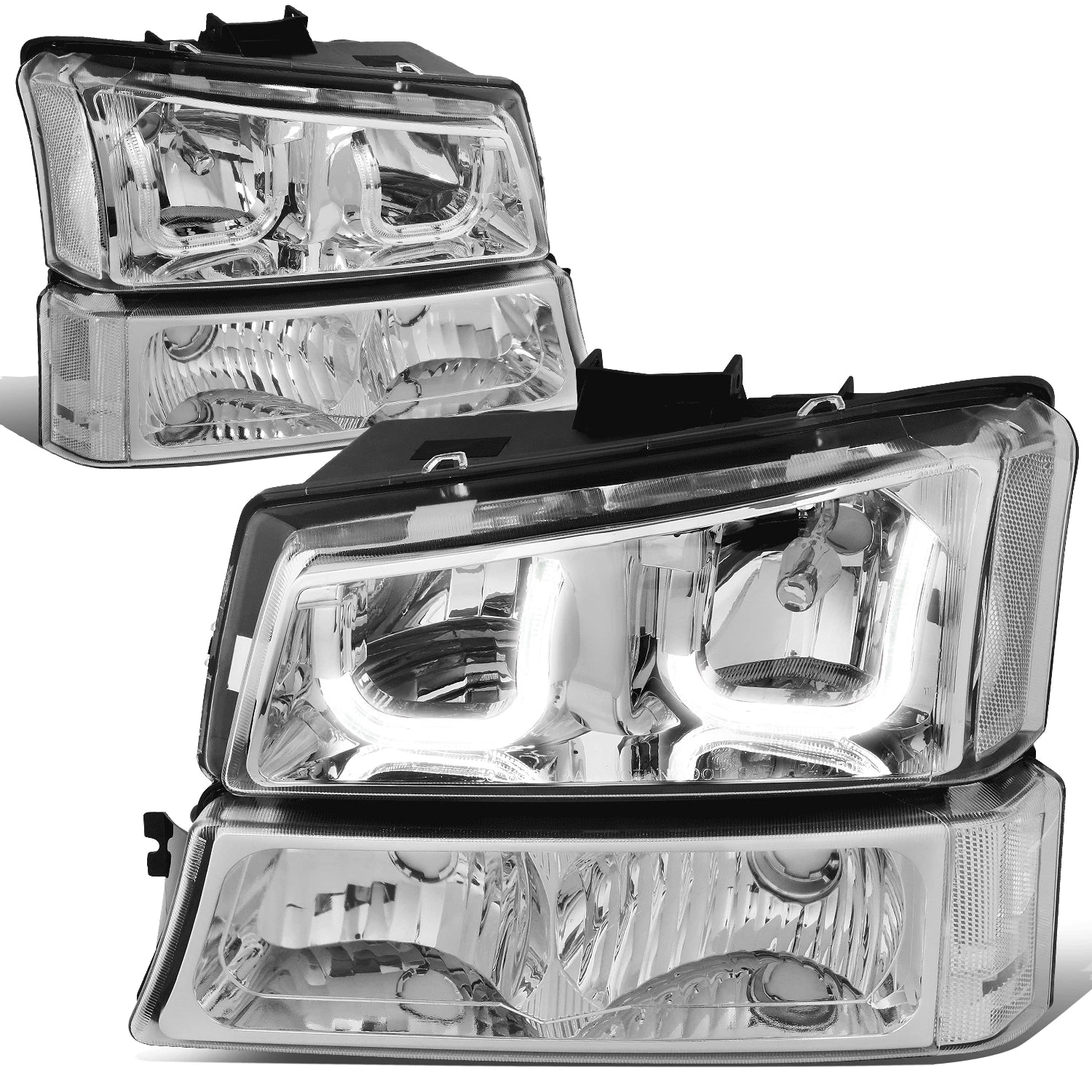 Chrome Clear J-Halo LED DRL Headlights w/ Bumper Lamps for Chevy Silverado (2003–2007)