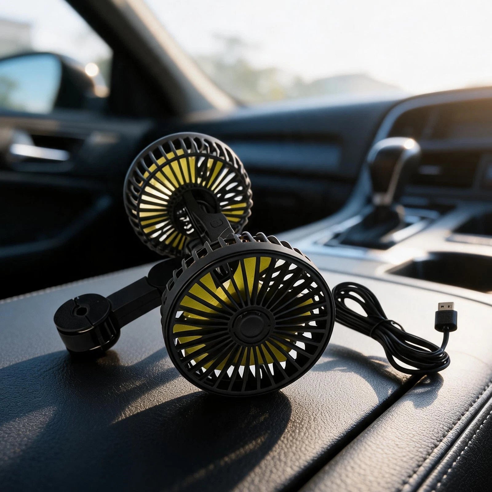 Dual Head USB Car Fan for Rear Seat Comfort (360° Rotation)